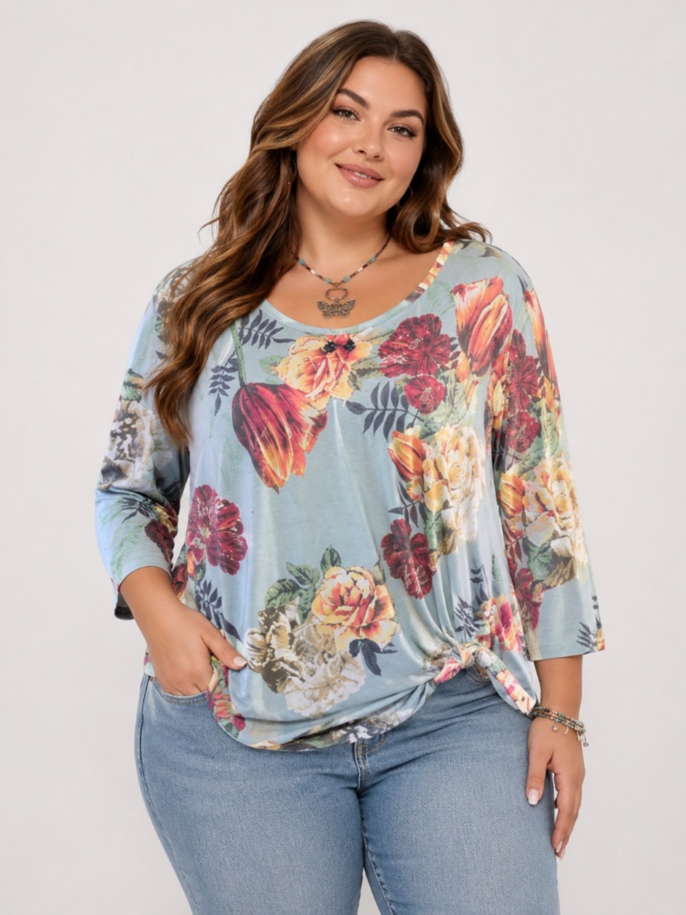 Vintage blue floral front twist tunic 2X